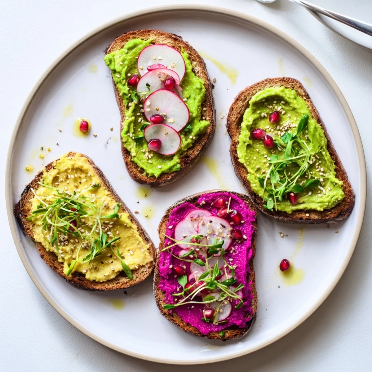 Vibrant breakfast toasts topped with ube, avocado, and fresh herbs for a delicious start.  