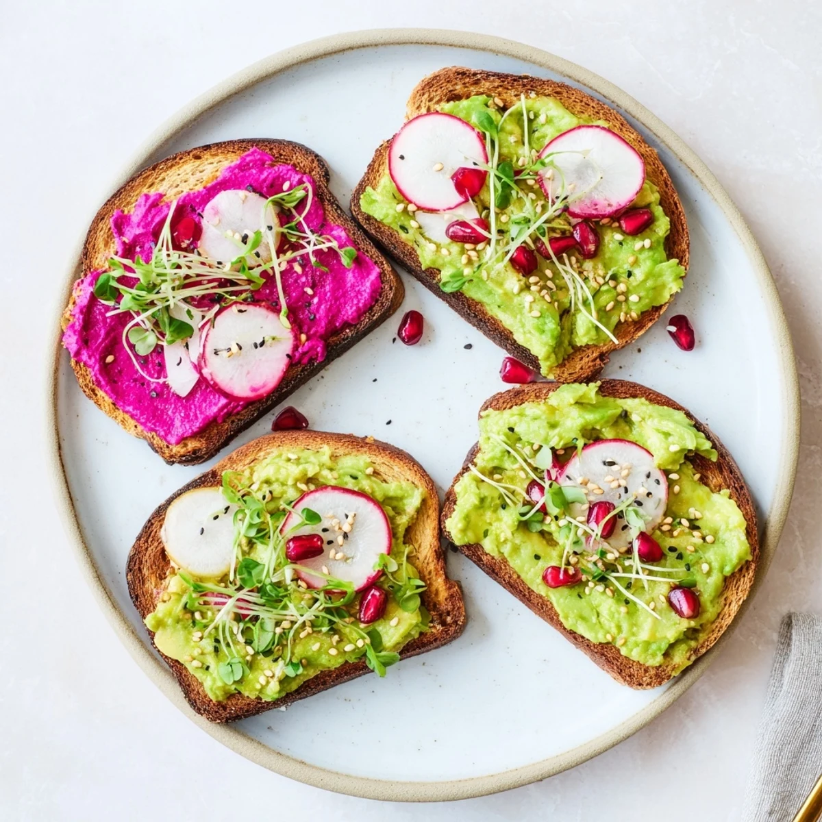 Bright & Bold Breakfast Toasts showcasing layers of ube and avocado, garnished with pomegranate seeds.