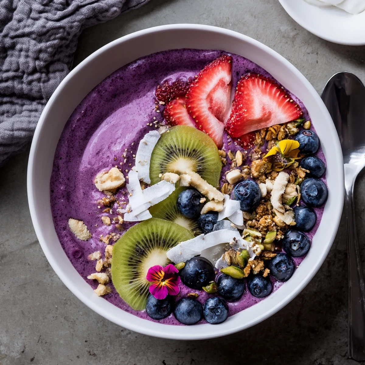 Colorful vibrant smoothie bowls topped with fresh berries and crunchy granola slices.  
