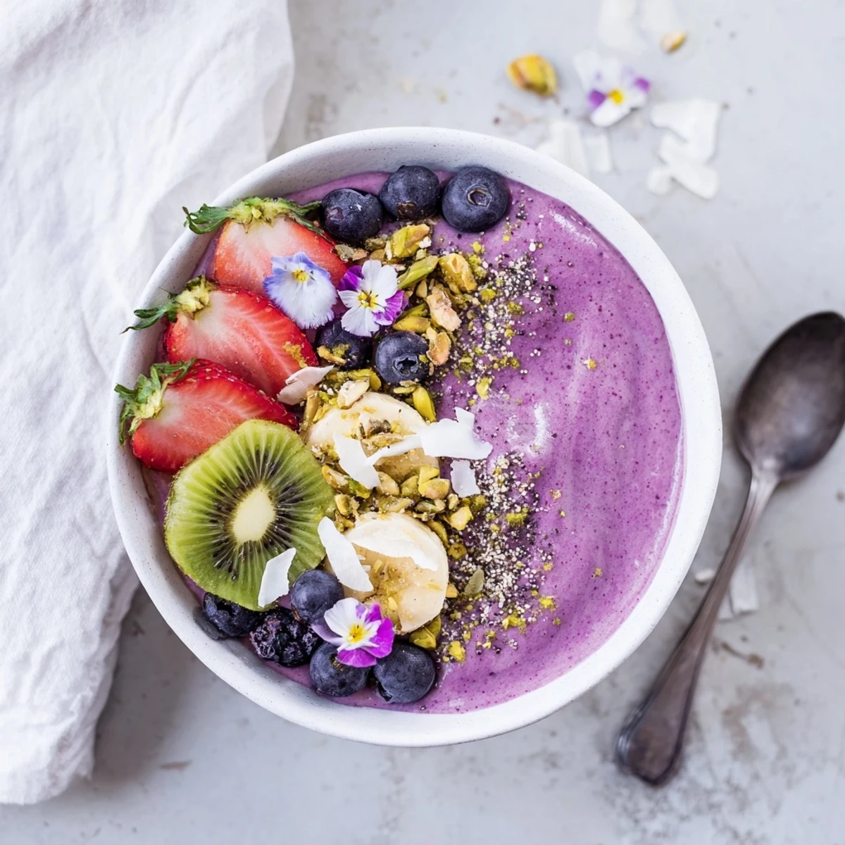 Delicious vibrant smoothie bowls featuring purple yam and pistachio for breakfast bliss.  