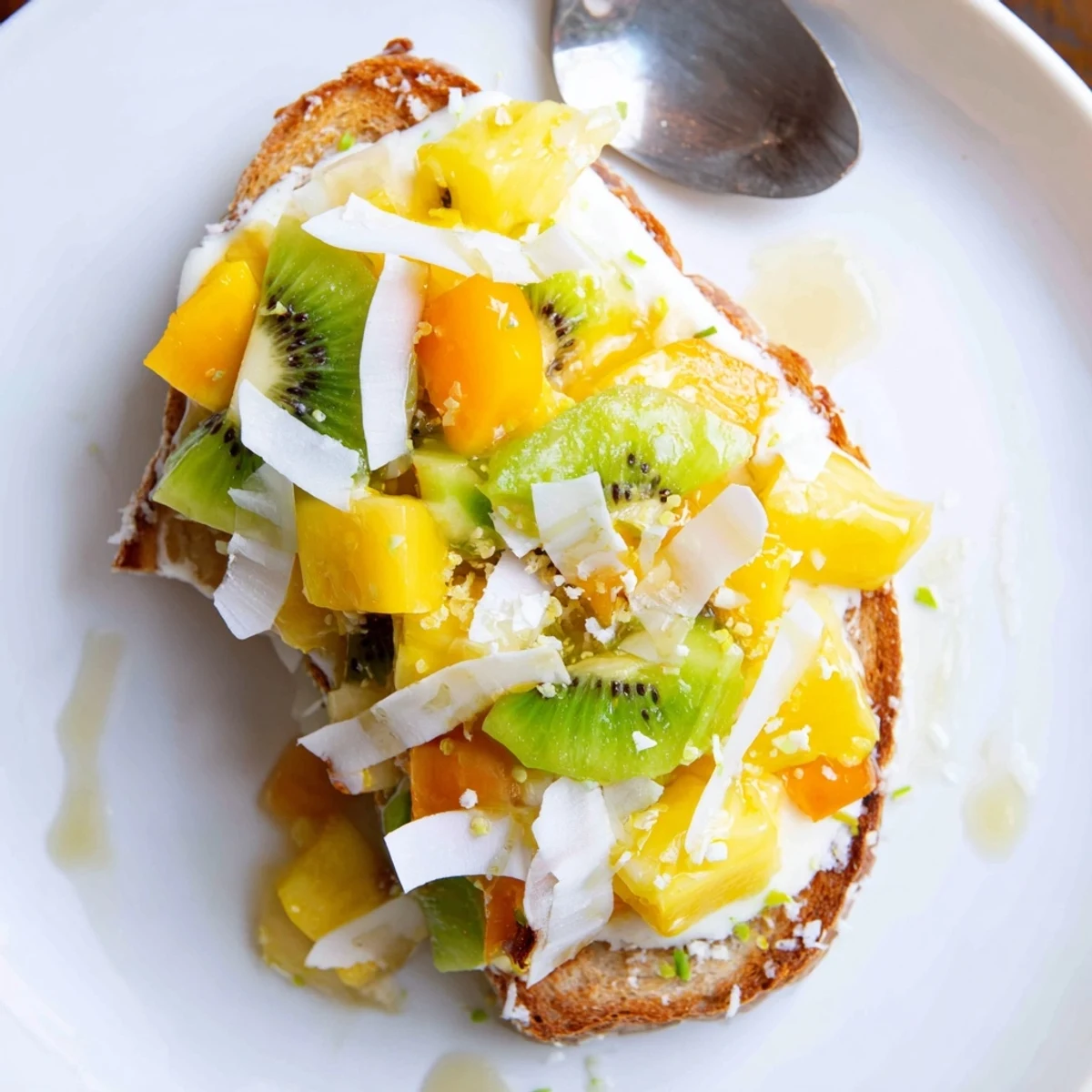 Creamy yogurt-custard toast topped with vibrant tropical fruits for brunch.  