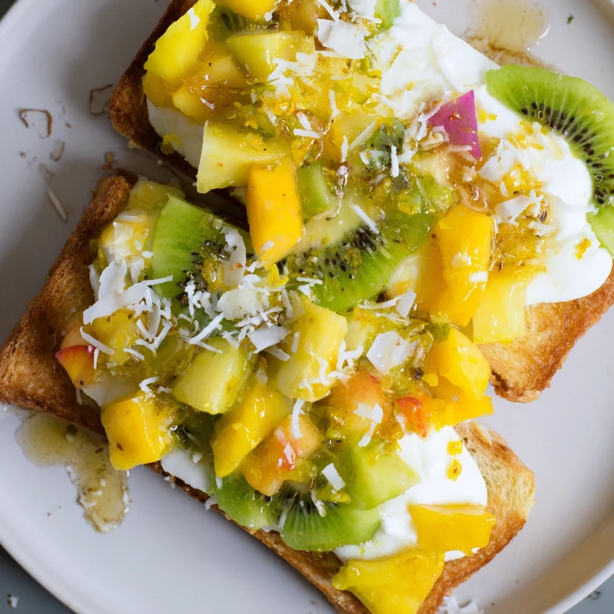 Delicious yogurt-custard toast featuring mango and pineapple, perfect for breakfast delights.  