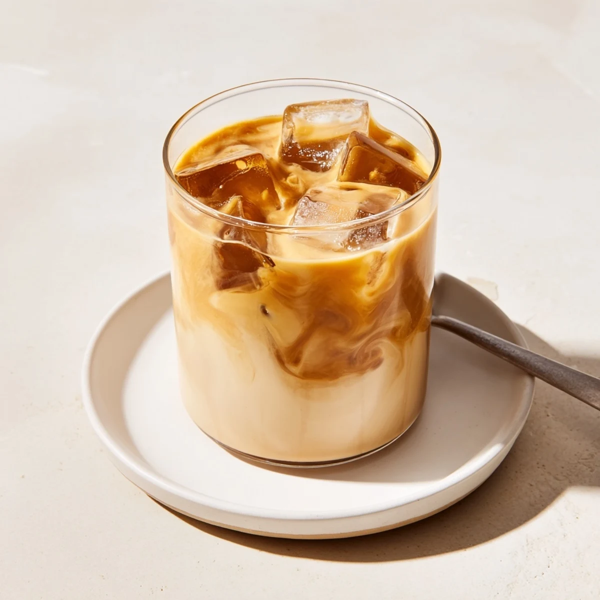 Refreshing tahini iced coffee topped with plant-based milk and ice.  