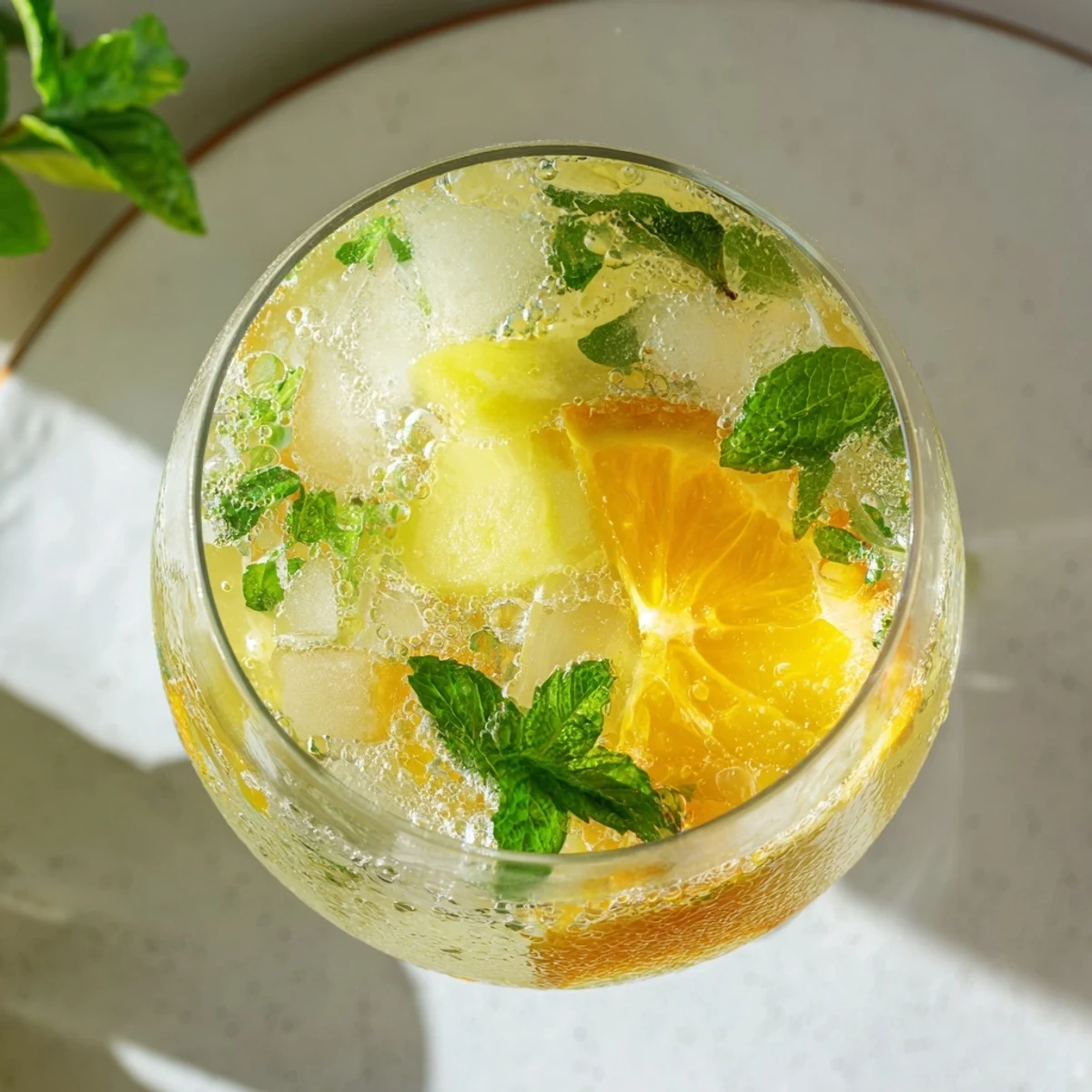 Lightly sparkling probiotic soda mocktail with citrus and mint over ice.  