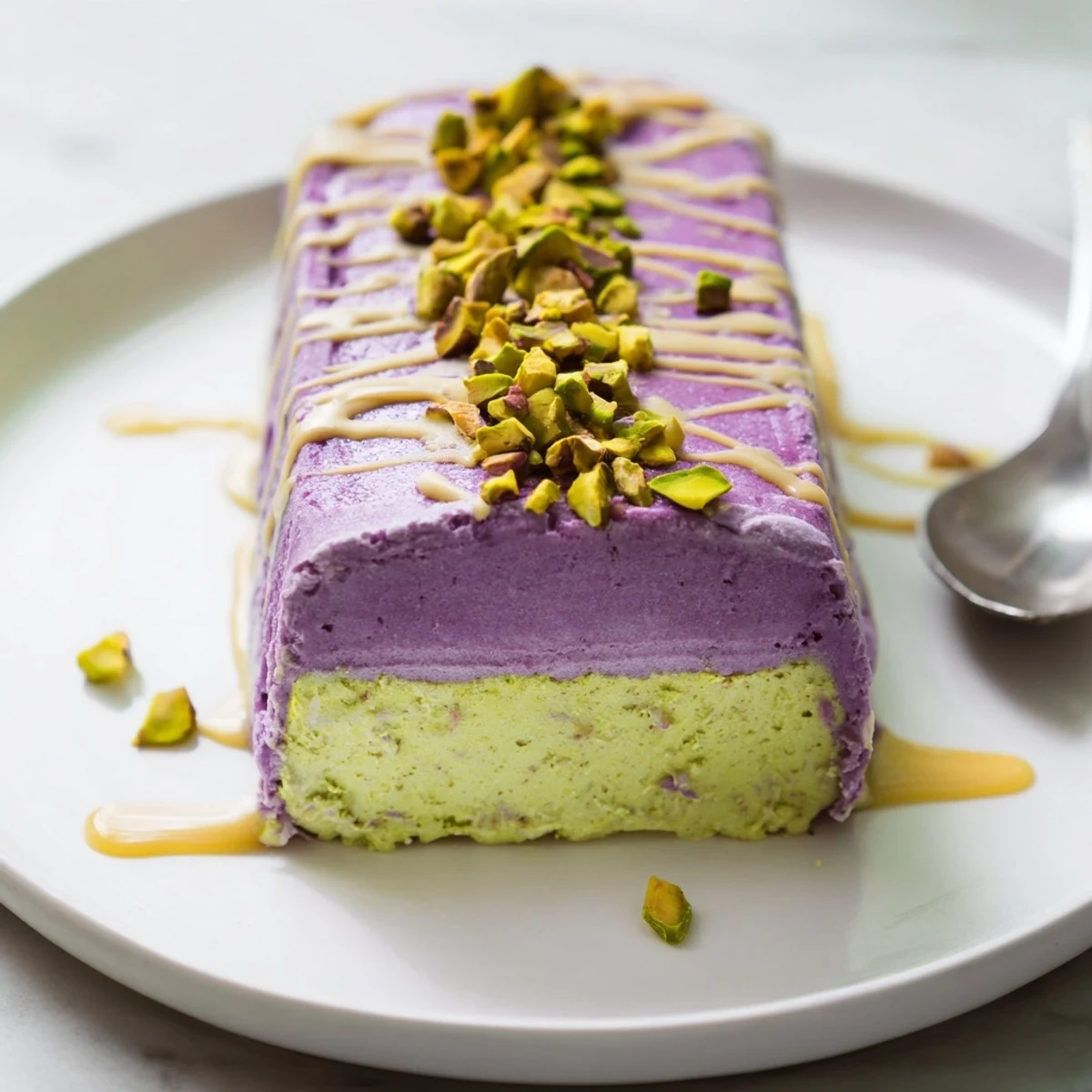 Colorful layers of ube and pistachio ice cream bars, drizzled with sweet condensed milk.  
