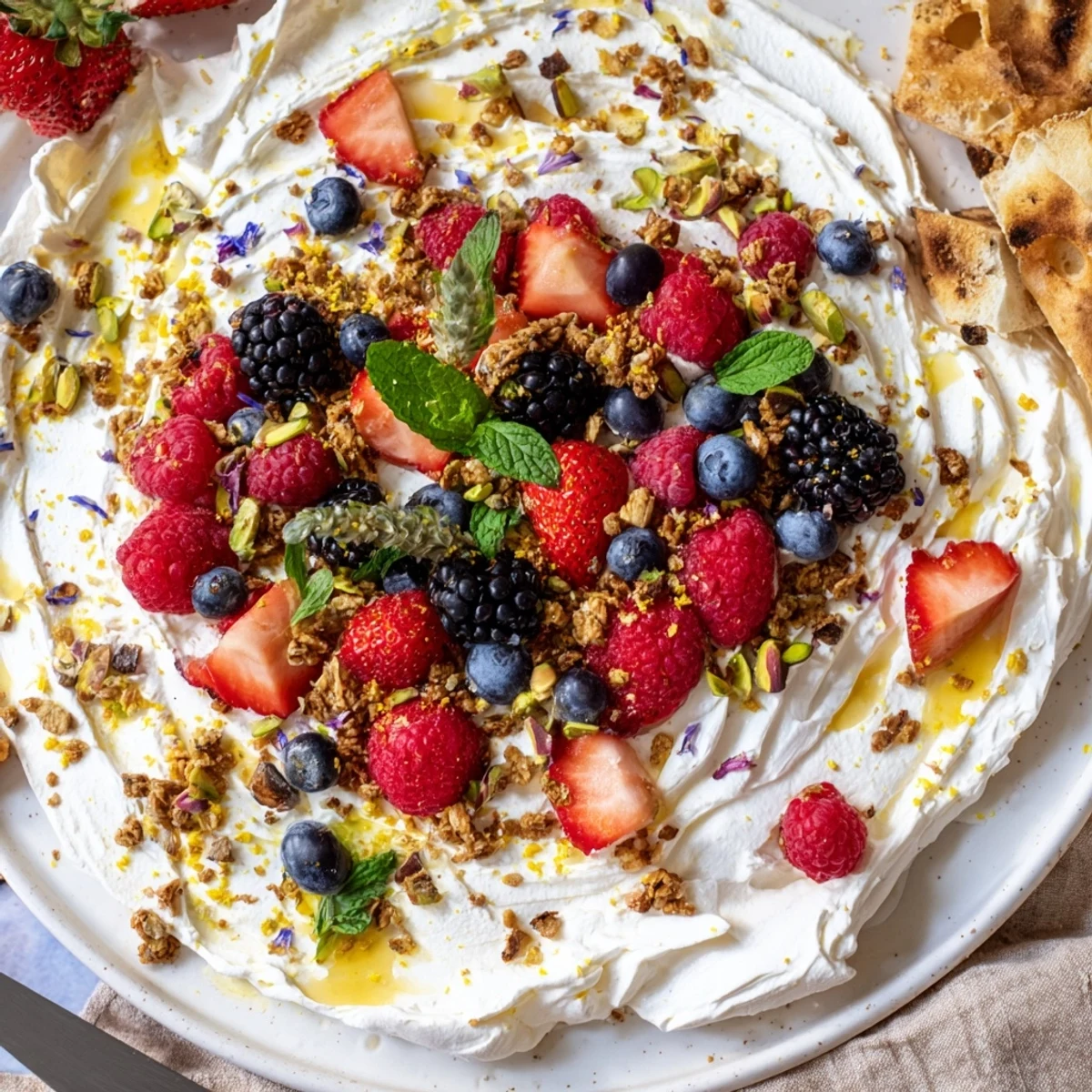 Indulgent Butter Board Dessert topped with fresh berries and a drizzle of honey.  