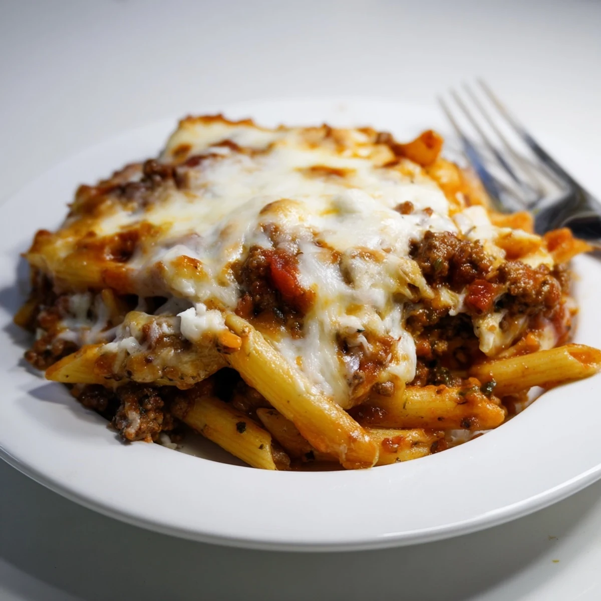Hearty Cheesy Beef & Penne Bake topped with golden, melted cheese—a family favorite!
