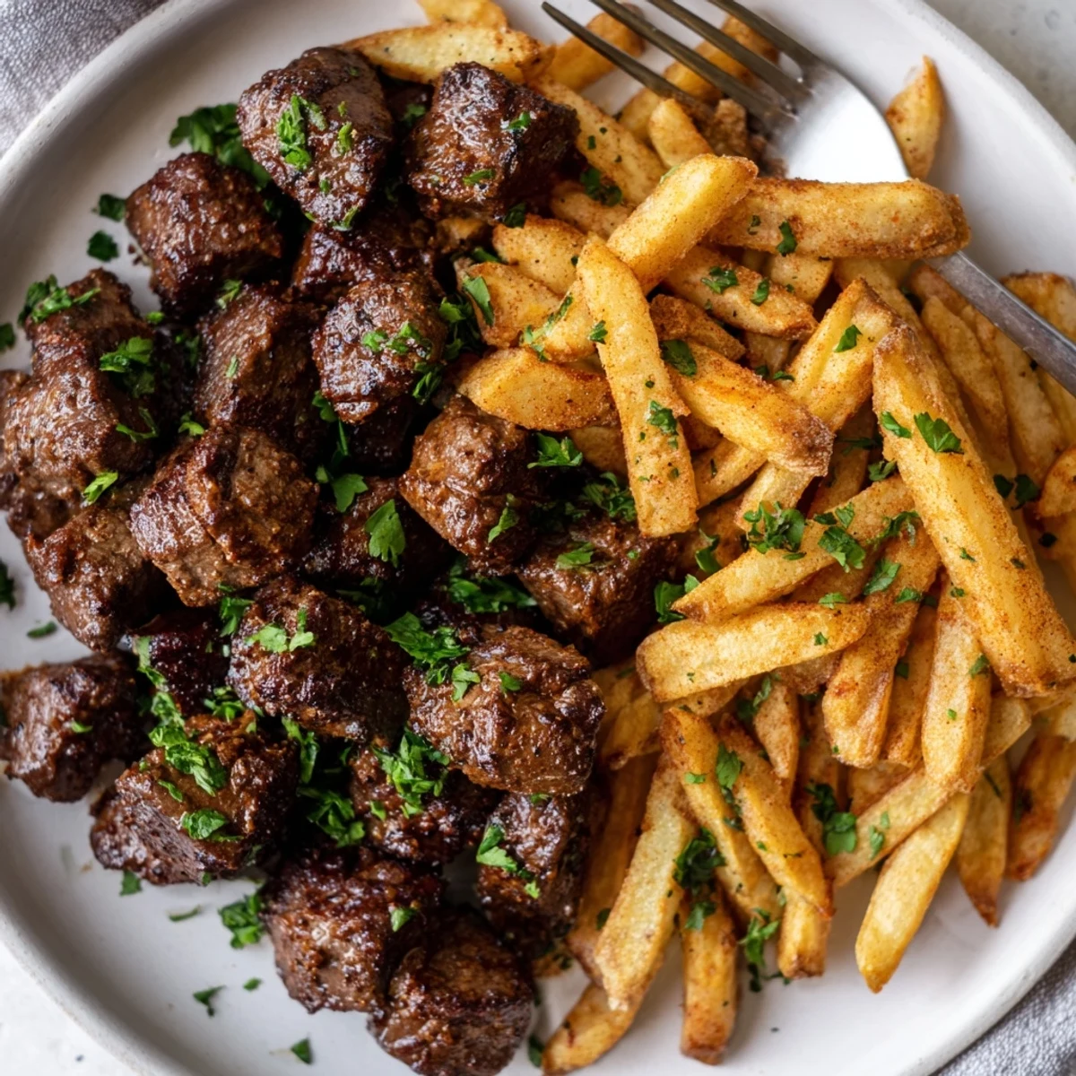 Juicy Blackened Cajun Steak Bites garnished with parsley and served alongside crispy fries.  