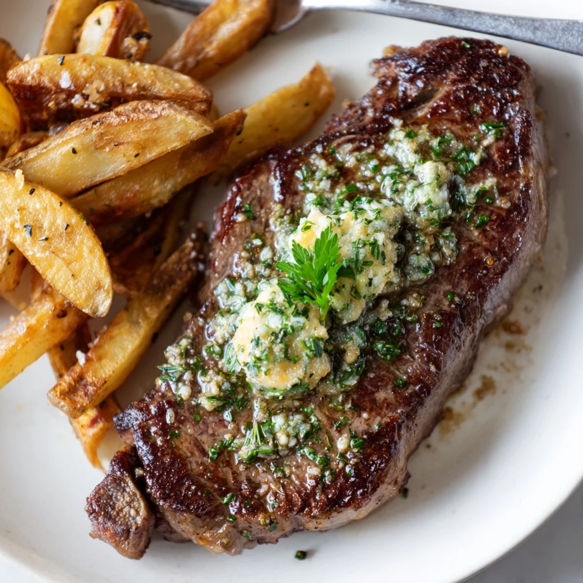 Perfectly seared Steakhouse Garlic Butter Steak topped with rich garlic-herb butter slices.  