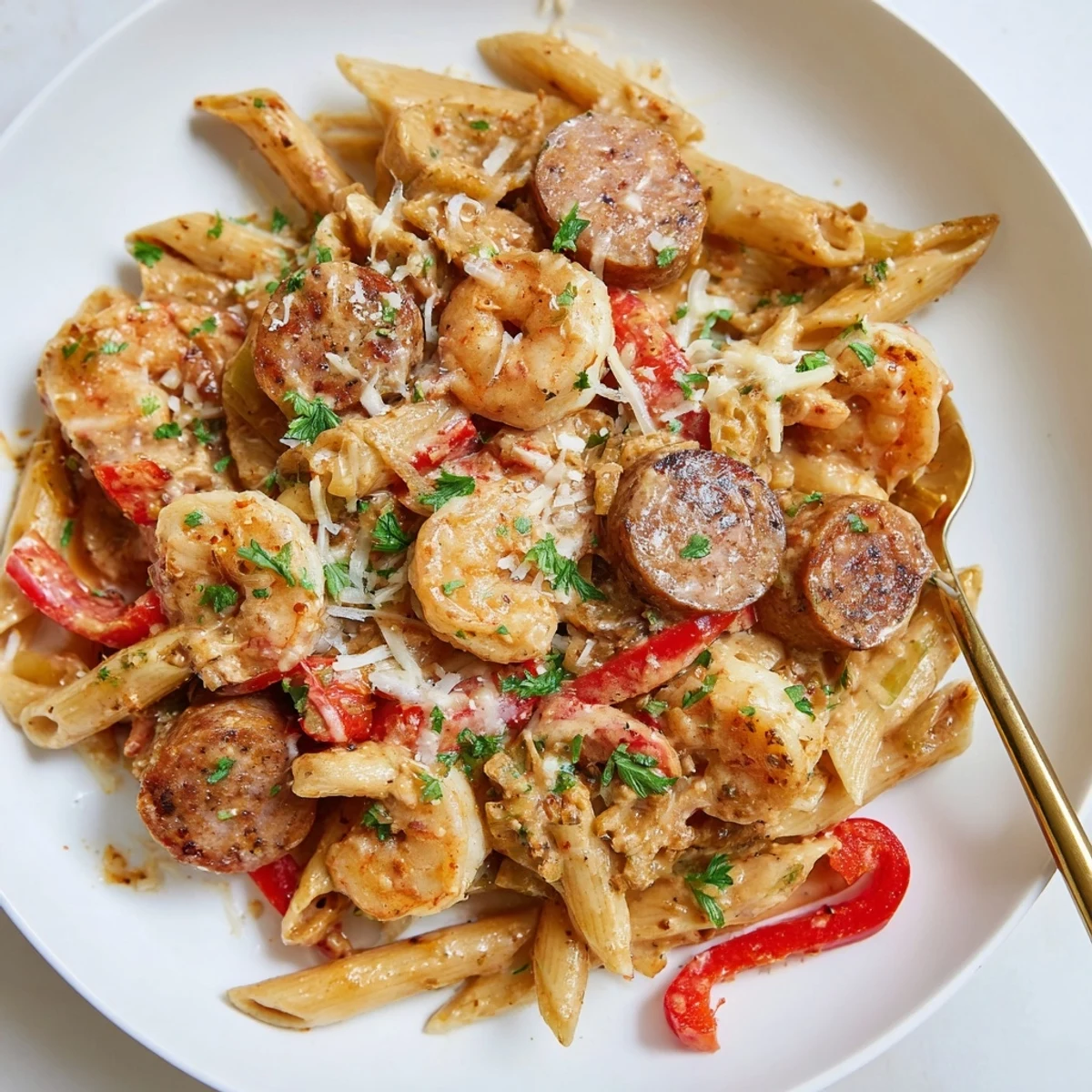 Creamy Cajun Sausage & Shrimp Alfredo Pasta Skillet garnished with fresh parsley and red bell pepper.  