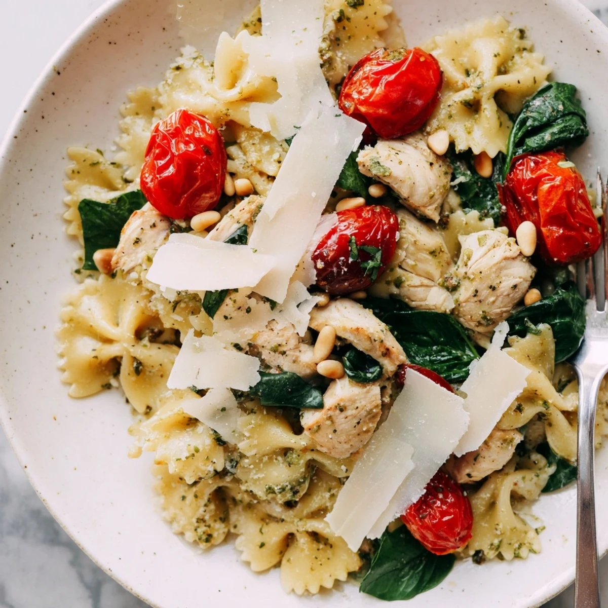 Delicious pesto chicken bowtie pasta served with vibrant cherry tomatoes and spinach.  