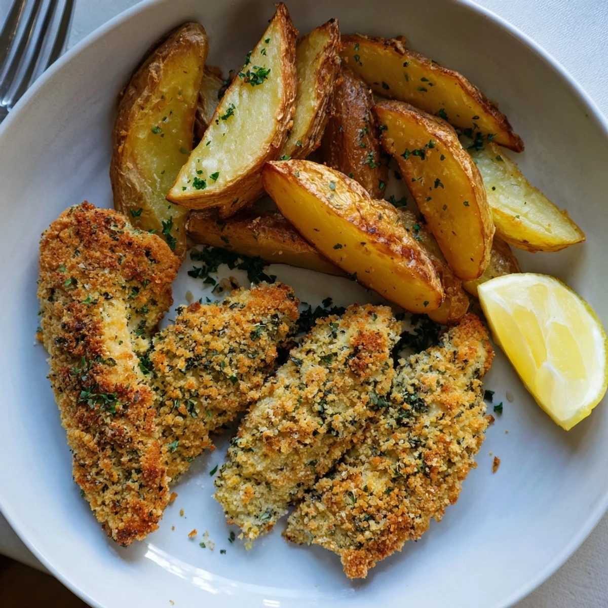 Juicy herbed chicken tenders paired with crispy potato wedges, perfect for family dinners.  