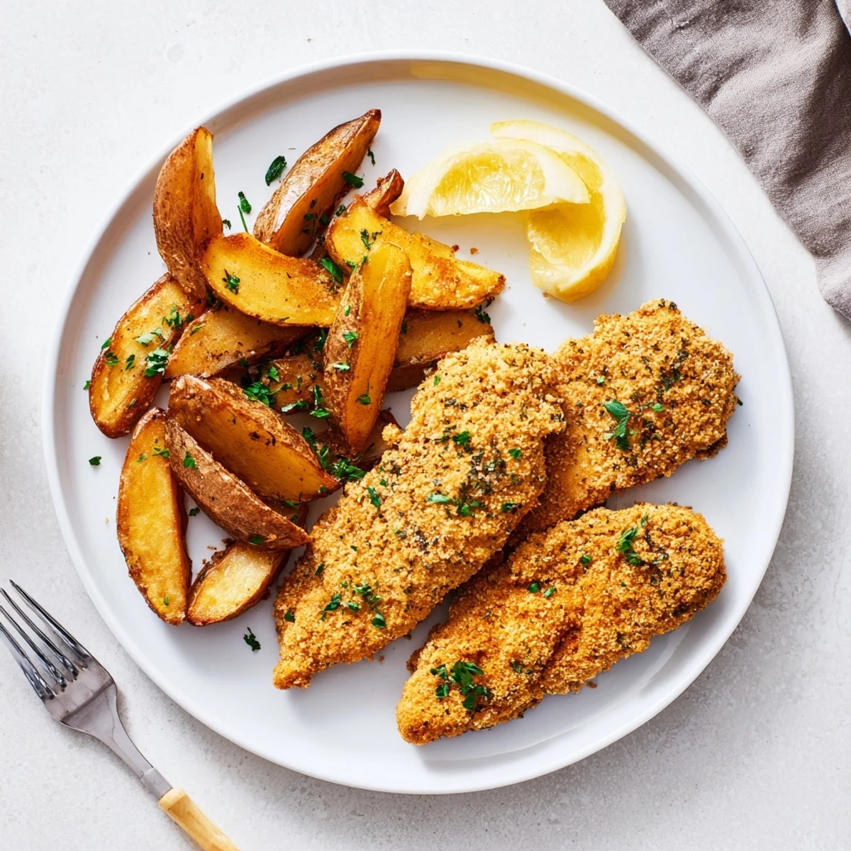 Savory herbed chicken tenders served alongside crunchy potato wedges, garnished with parsley.