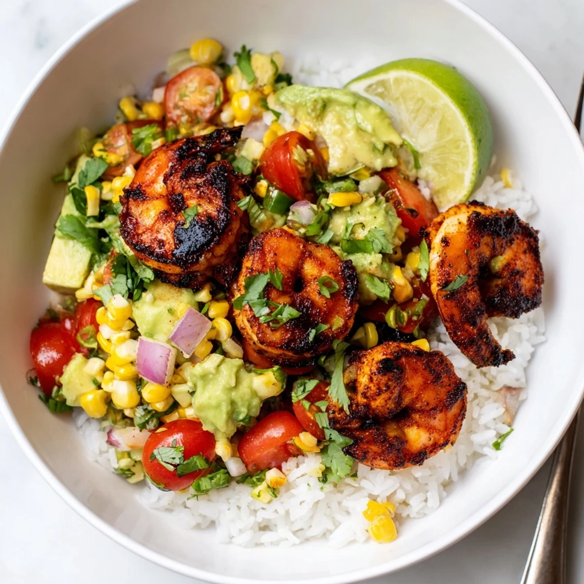 Spicy blackened shrimp bowl topped with creamy avocado corn salsa and fluffy rice.  