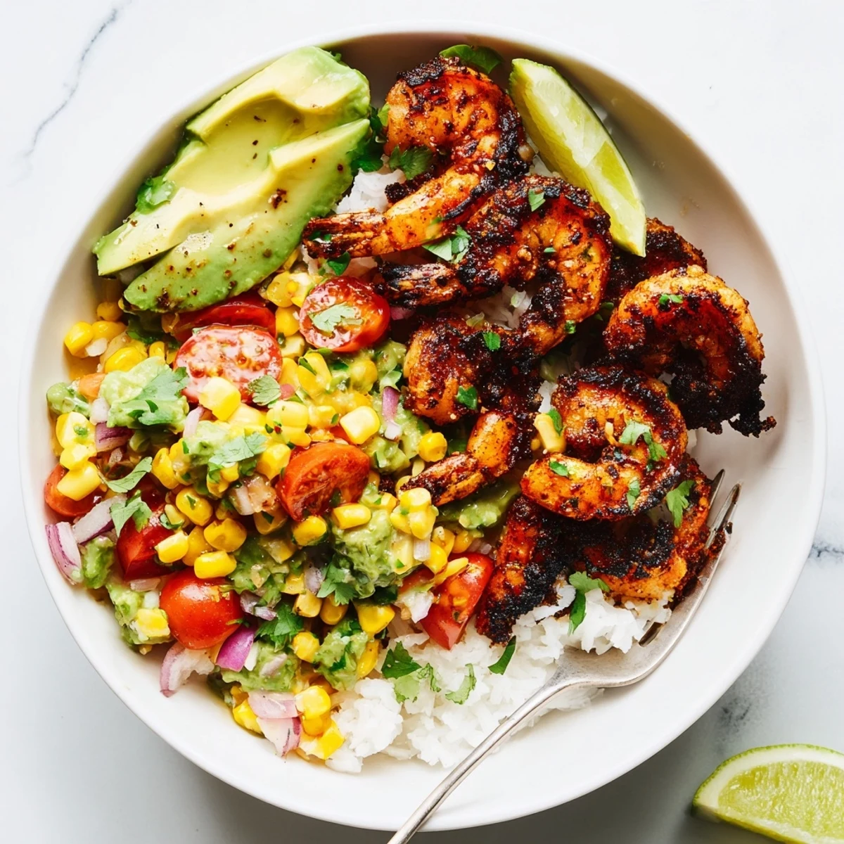 Delicious blackened shrimp bowl bursting with fresh avocado corn salsa and lime.  