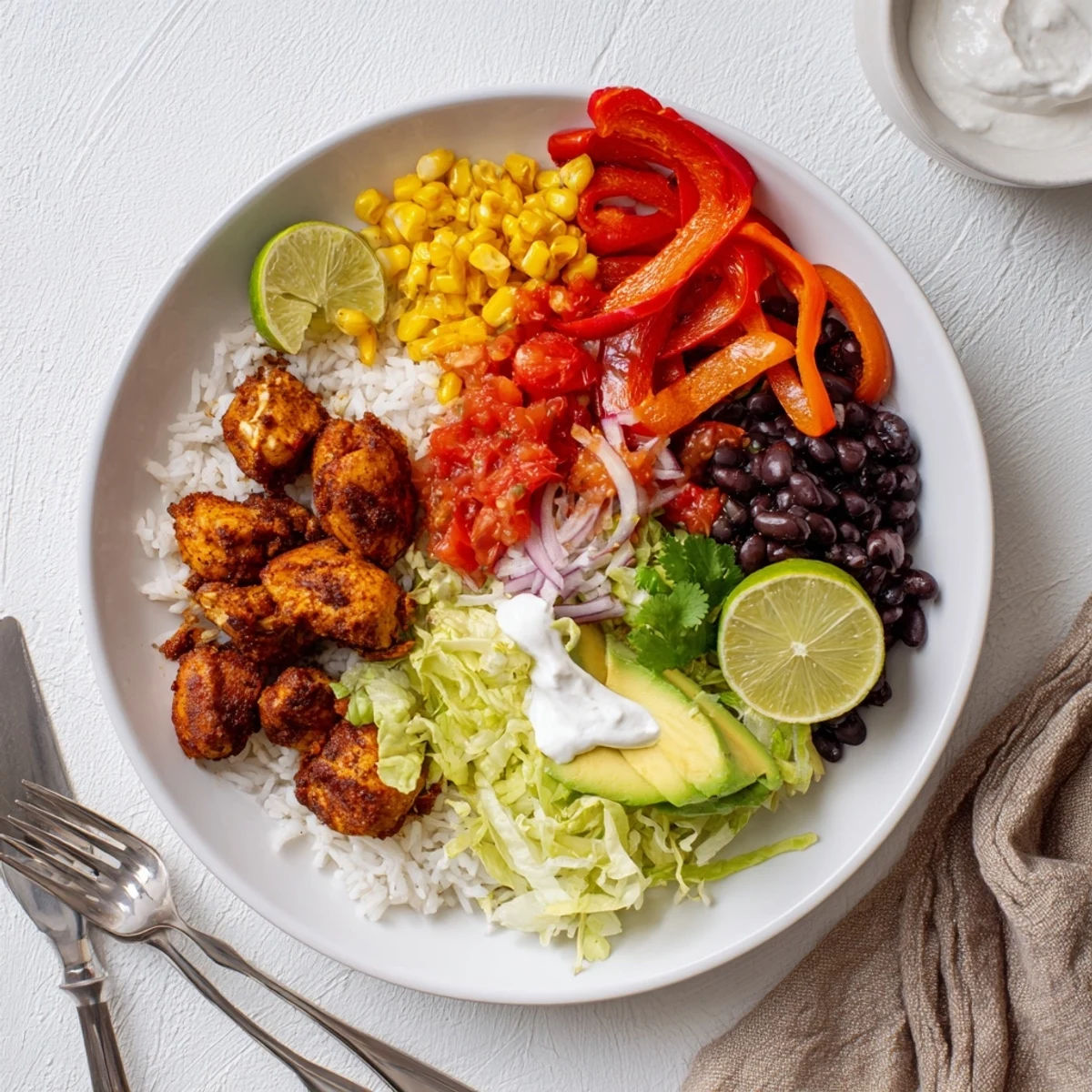 Juicy Sheet Pan Chicken Burrito Bowls with vibrant roasted veggies and fresh toppings.  