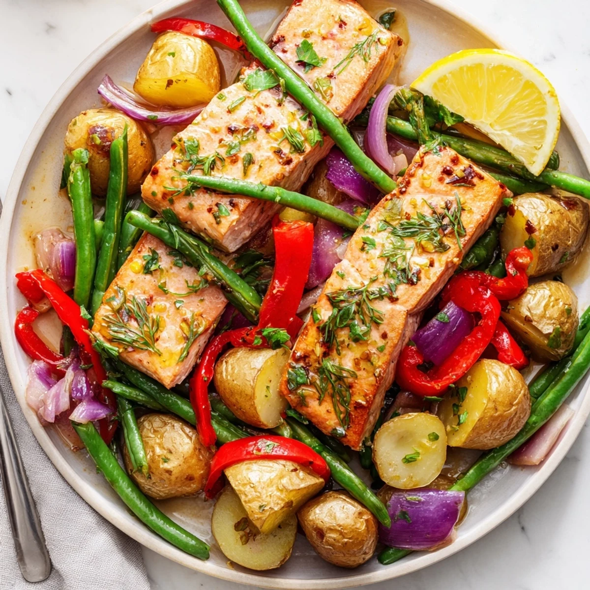 Lemon Herb Salmon & Potato Sheet Pan meal bursting with vibrant flavors and colors.  
