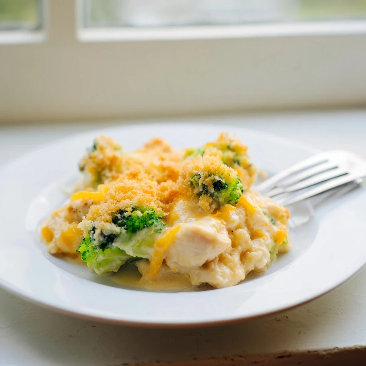 Creamy Chicken & Broccoli Cheddar Bake topped with crispy panko and melted cheese.  