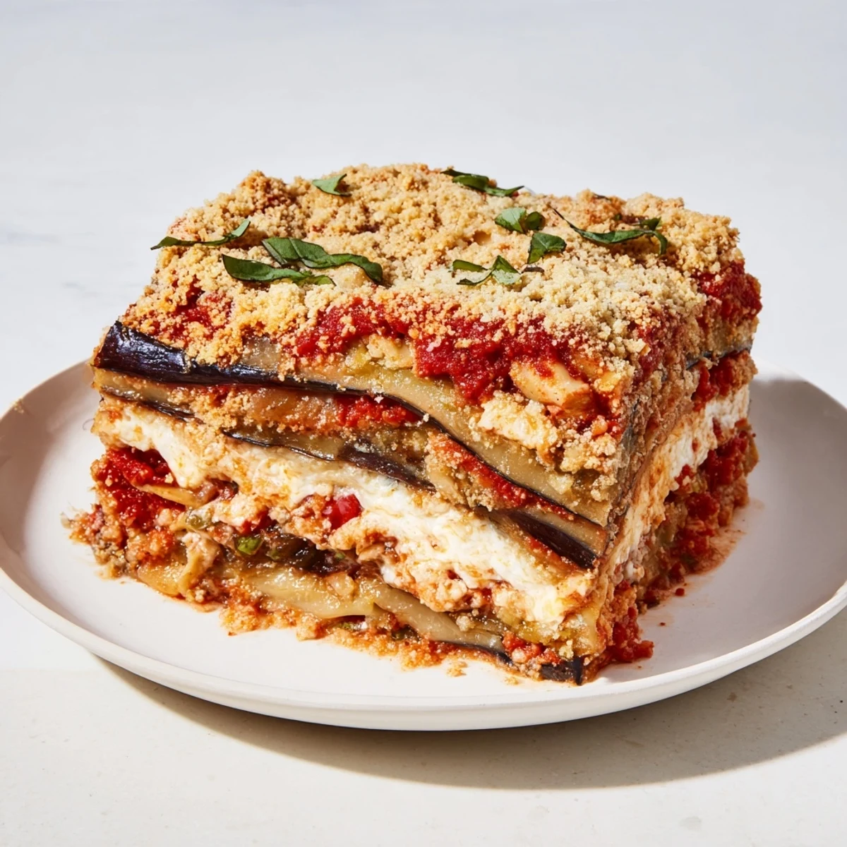 Golden-crusted Eggplant Parmesan Lasagna bubbling with mozzarella and ricotta beneath a rich tomato sauce is ready to serve.