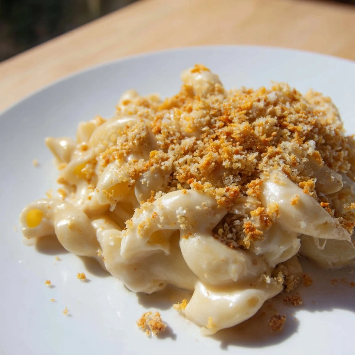 This photo shows a delicious serving of Classic Mac & Cheese with BBQ Chicken, golden brown and bubbly.