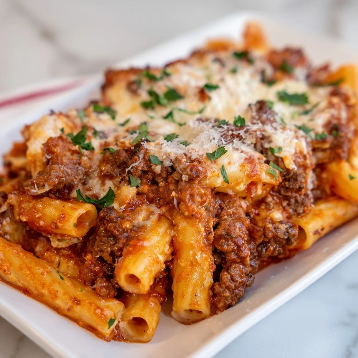 Hot, bubbly baked ziti with melted mozzarella and rich meat sauce, ready to serve.