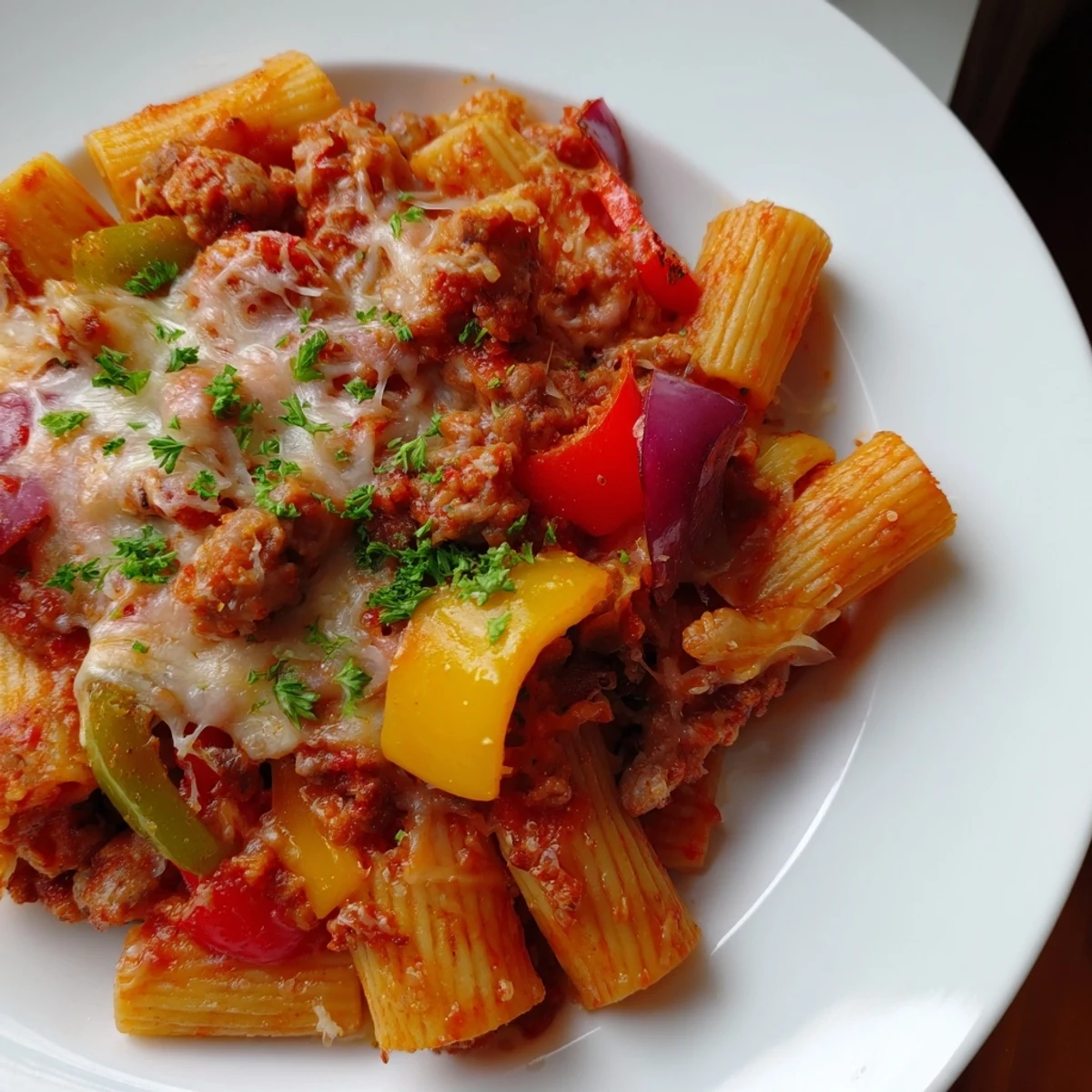 A delicious baked rigatoni with sausage & peppers, showcasing the rich tomato sauce and cheesy topping.