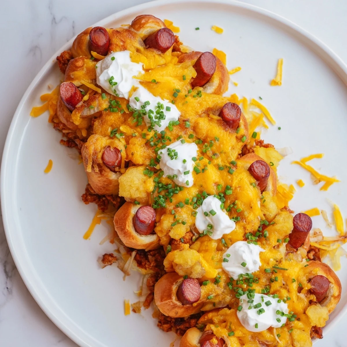 Golden, cheesy layers of a bubbling Chili Dog Casserole, perfect for a cozy, comforting meal tonight.