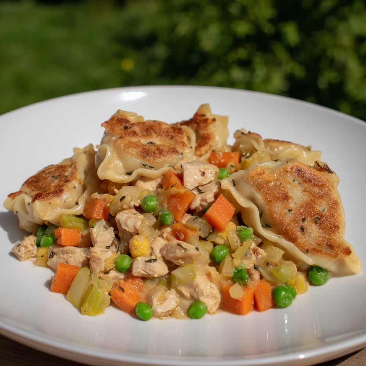Chicken and Dumplings Casserole, a bubbly, golden-crusted casserole with tender, fluffy dumplings on top.