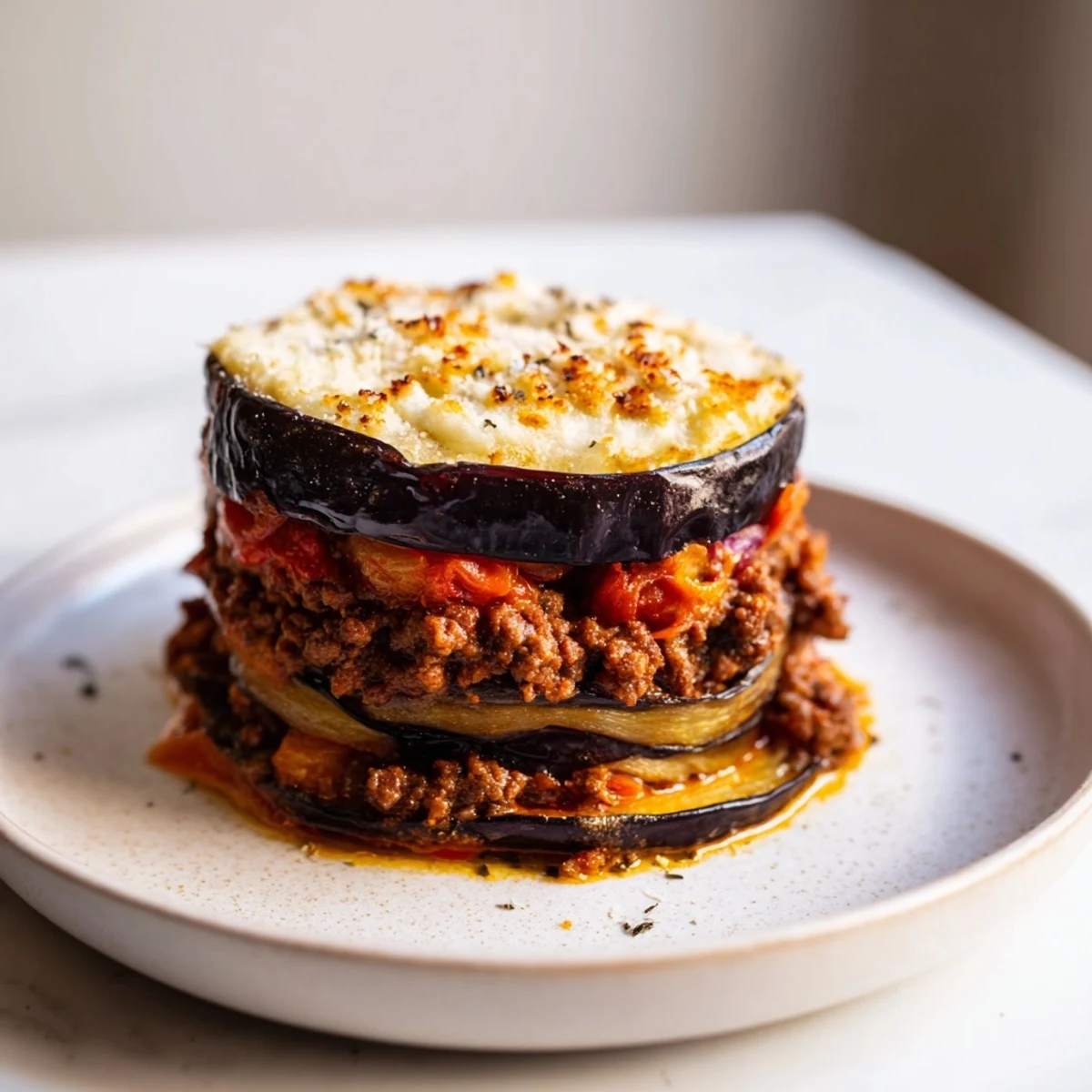 Golden-brown layers of homemade moussaka with savory beef and creamy béchamel, ready to serve.