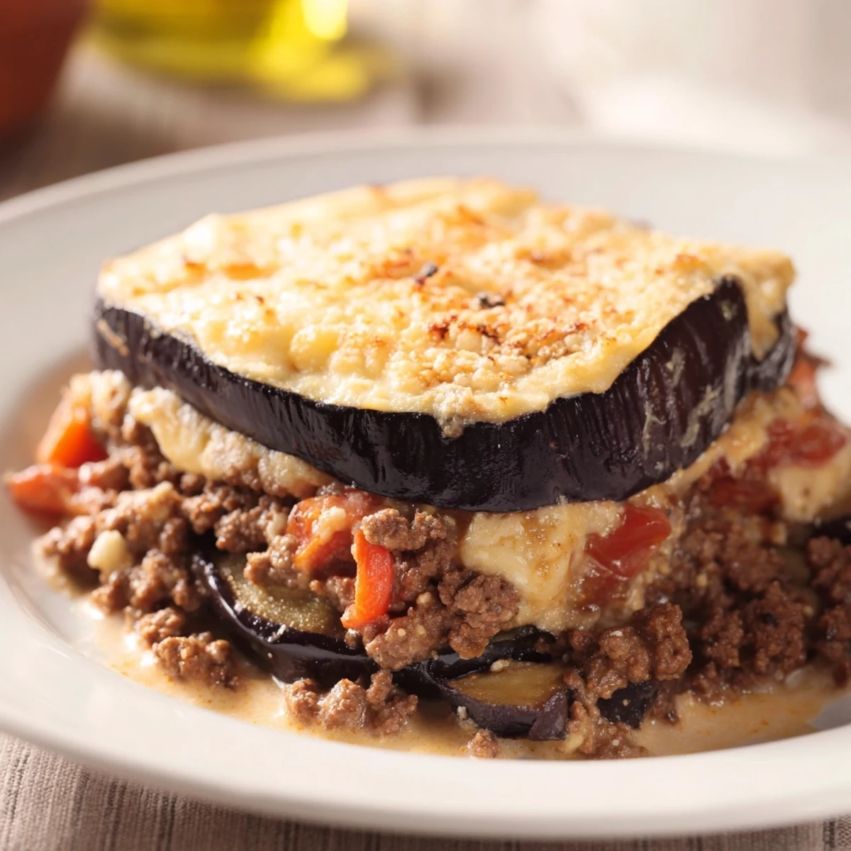 A warm, comforting dish of moussaka, showcasing tender eggplant and flavorful ground beef inside.