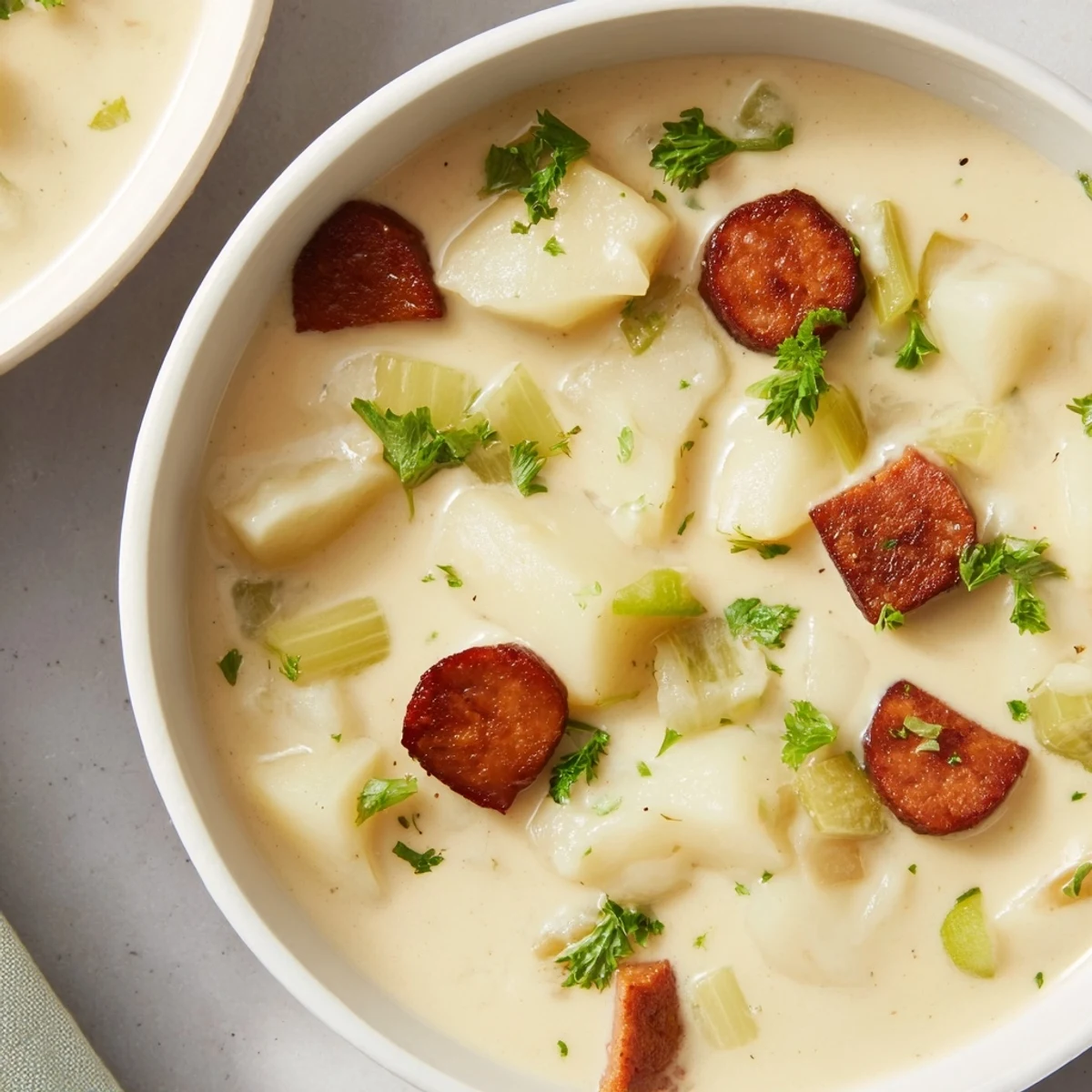 Potato, Leek & Chorizo Soup bowl, a steaming bowl with a swirl of cream and fresh parsley.