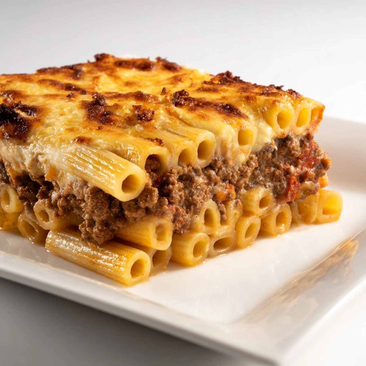 Golden-brown Greek Pastitsio, a hearty baked casserole with spiced beef and creamy béchamel.