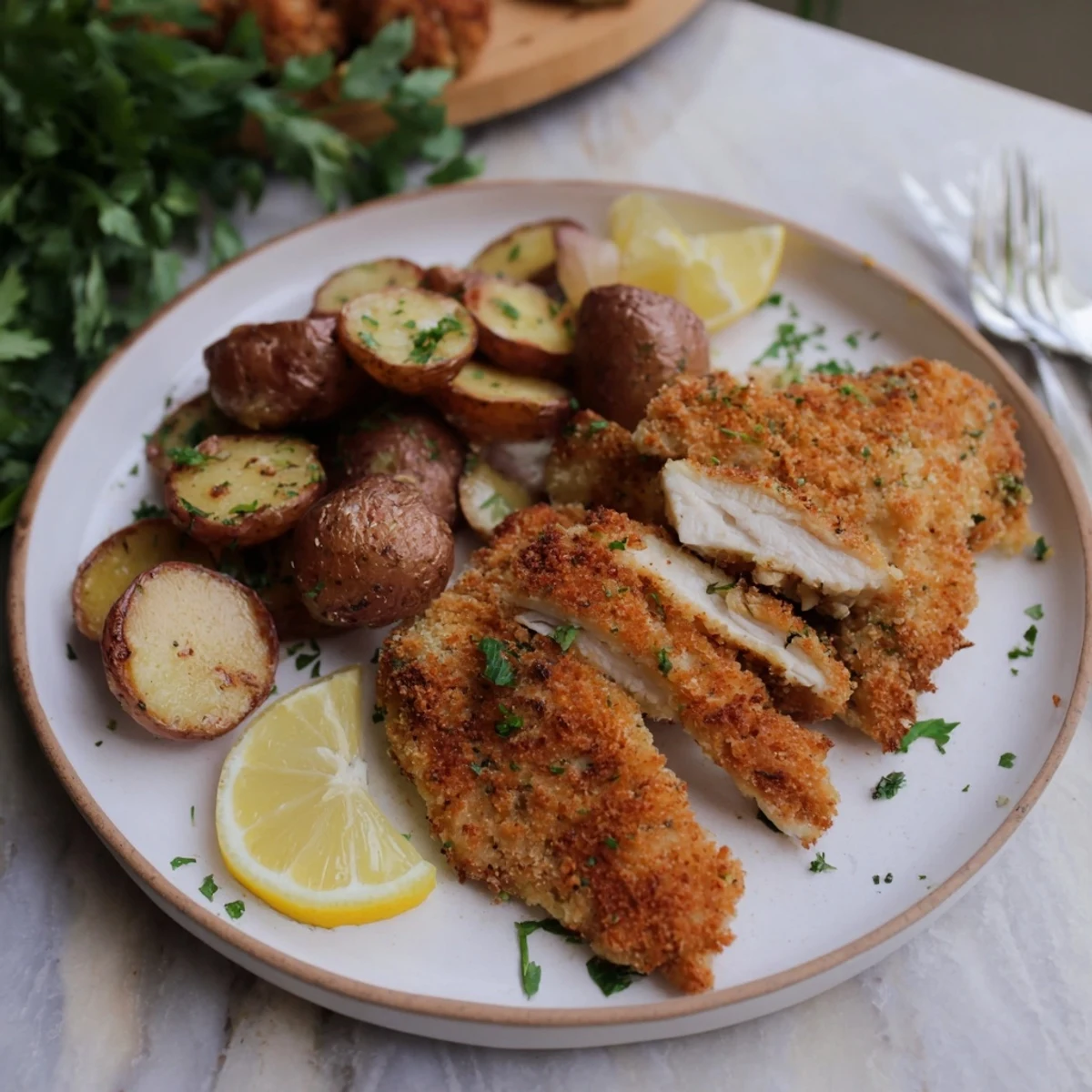 Golden-brown Crispy Parmesan Crusted Chicken & Potatoes, a delicious and easy family dinner.