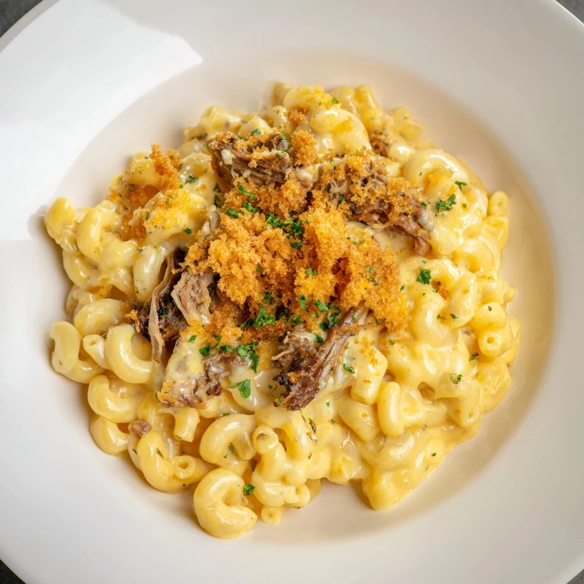 A close-up of bubbling Barbecue Pulled Pork Mac and Cheese, showcasing tender pork and melted cheese topping.
