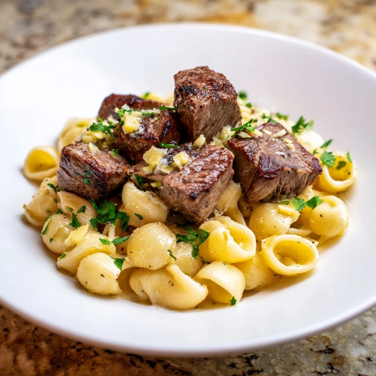 Savory garlic butter steak bites served atop creamy, cheesy shells for a comforting dinner.