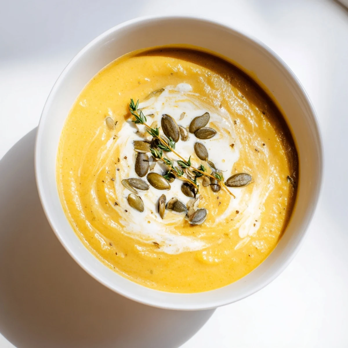 Steaming bowl of creamy roasted acorn squash soup, garnished with pepitas and fresh thyme, ready to enjoy.