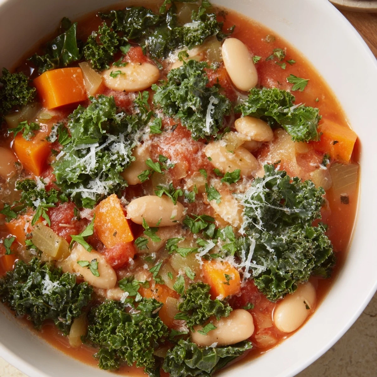 Close-up of the flavorful Italian Bean & Kale Stew, with simmered beans and fresh garnishes.