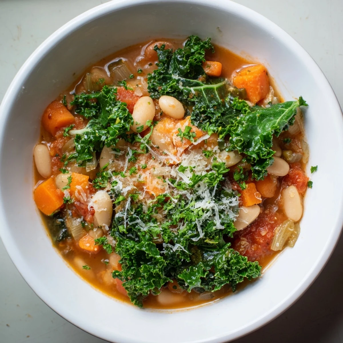 Hearty Italian Bean & Kale Stew, a comforting, gluten-free vegetarian meal, ready to enjoy.