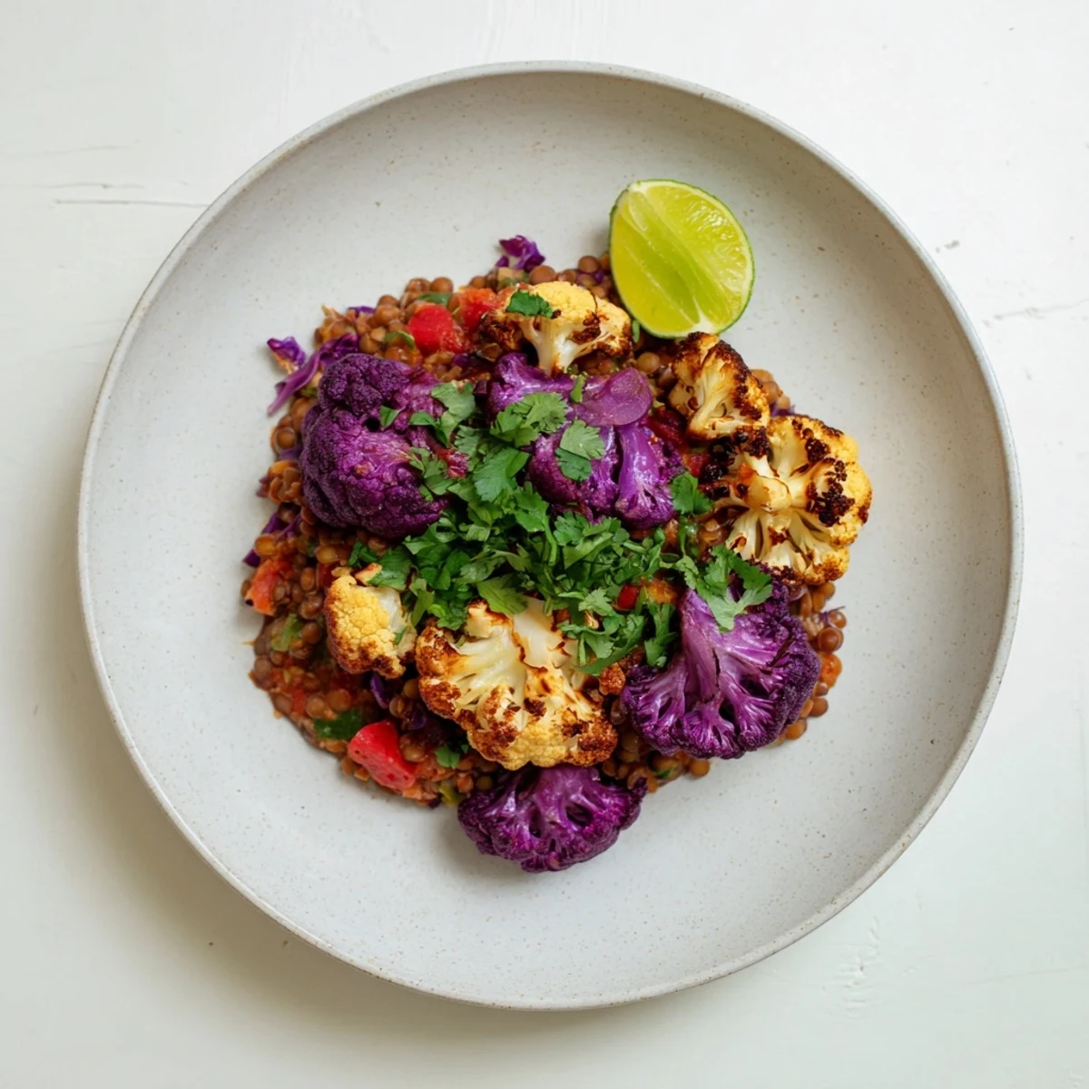 This flavorful bowl of red cabbage, cauliflower & coconut dhal is a vibrant, vegan, gluten-free delight.
