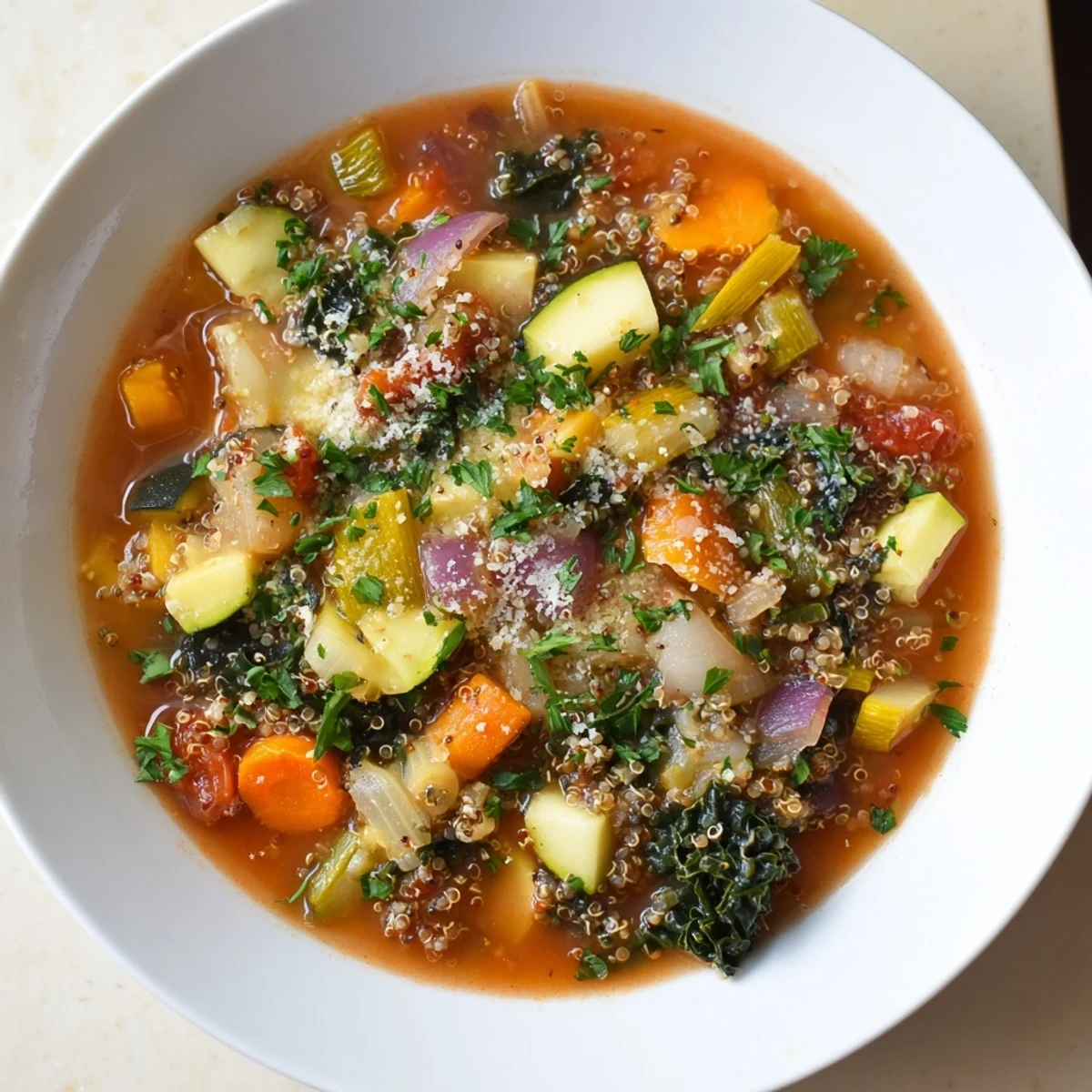 Hearty homemade Minestrone with Quinoa & Winter Greens: a colorful, healthy Italian soup brimming with vegetables.