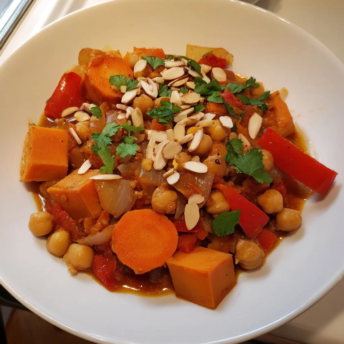 Golden, aromatic Moroccan Chickpea & Sweet Potato Tagine, sprinkled with fresh cilantro, ready to serve.