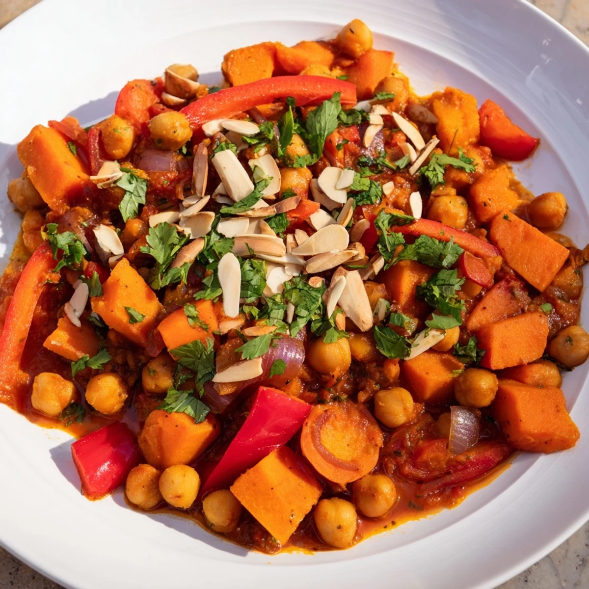Hearty vegan Moroccan Chickpea & Sweet Potato Tagine simmered to perfection, with tender sweet potatoes and chickpeas.