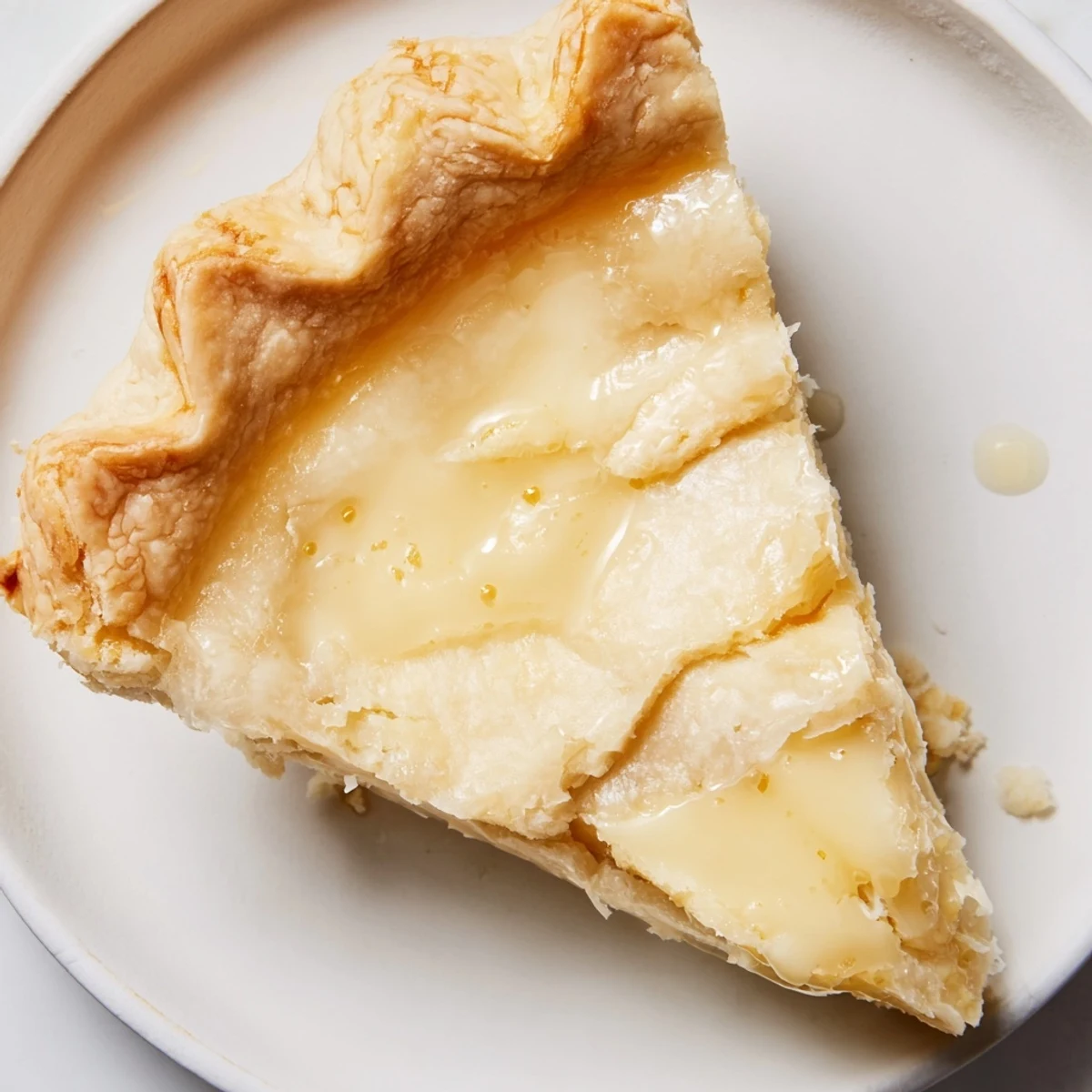 Warm, freshly baked Water Pie, served on a white plate; imagine its sweet, subtle vanilla aroma.