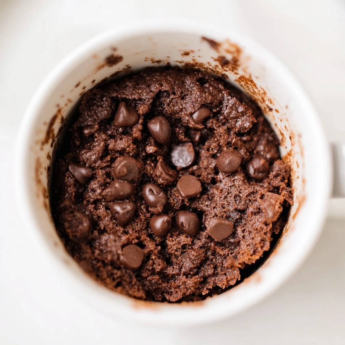 A close-up of a perfectly cooked chocolate microwaved mug cake, showing rich texture and moist crumbs.