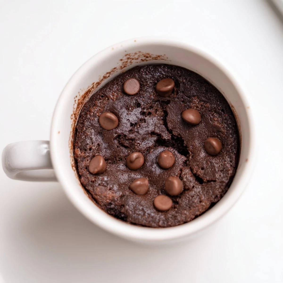 Warm, fluffy microwaved mug cake, ready to eat, with a scoop of vanilla ice cream melting on top.