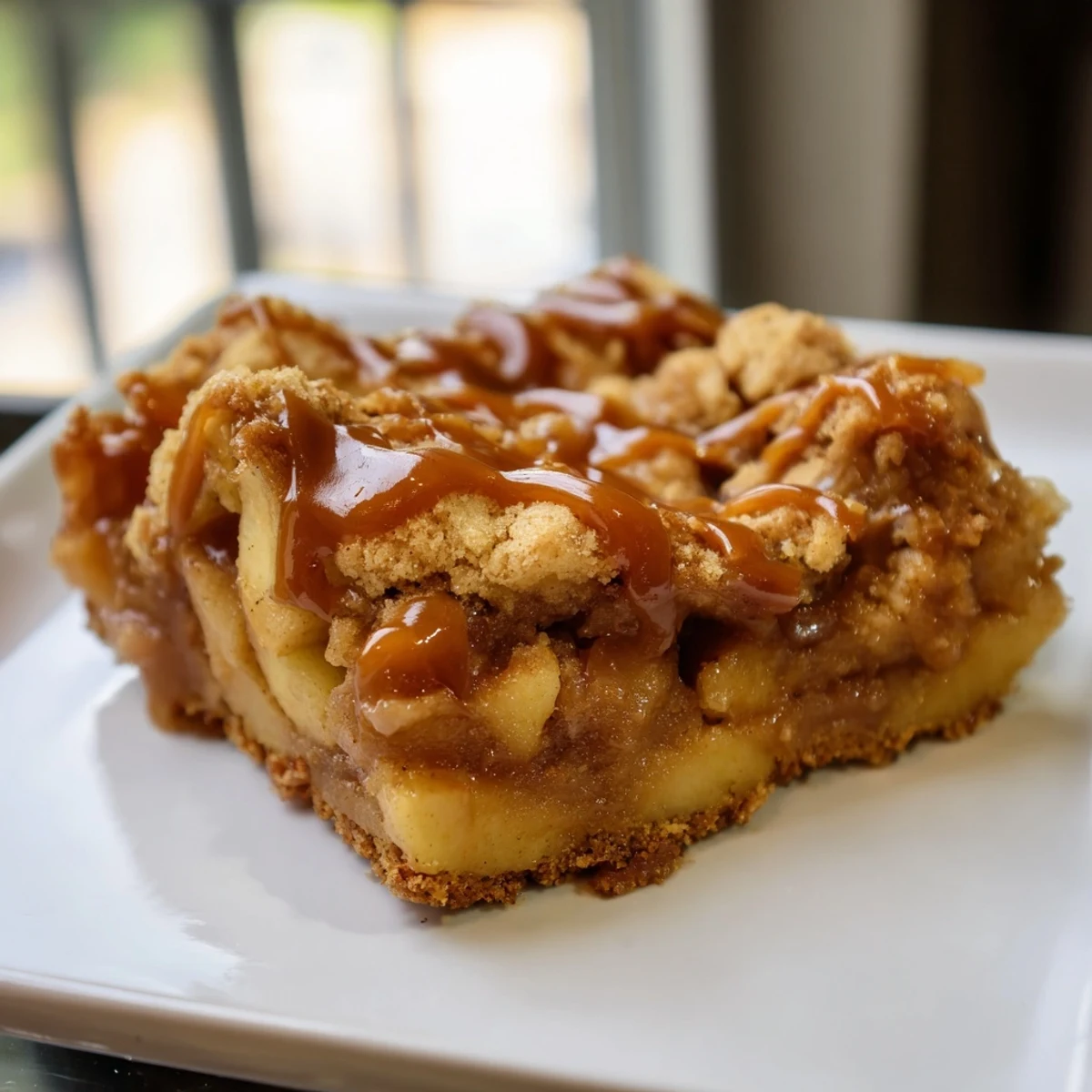 Warm, appetizing photo of freshly baked caramel apple cookie bars, perfect for a cozy dessert.