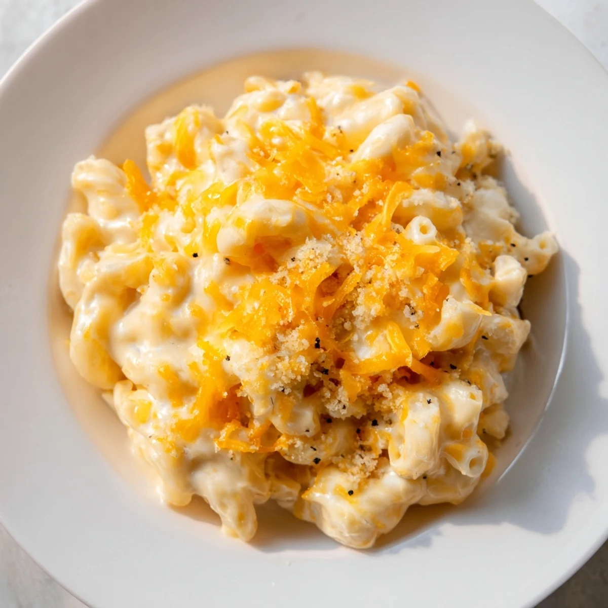 Freshly made Mac & Cheese with Evaporated Milk, served hot, a classic, comforting American meal.