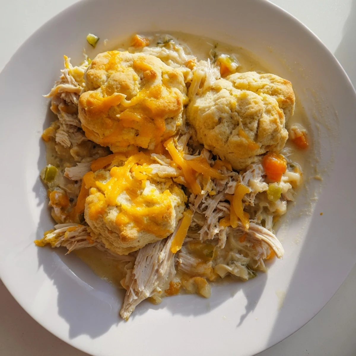 Golden, savory One-Pan Chicken Cobbler, with tender chicken and fluffy cheddar biscuits.