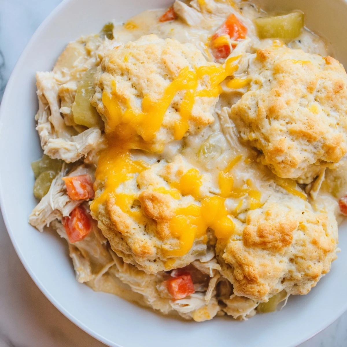 Delicious homemade One-Pan Chicken Cobbler: creamy chicken with biscuits, perfect for sharing.