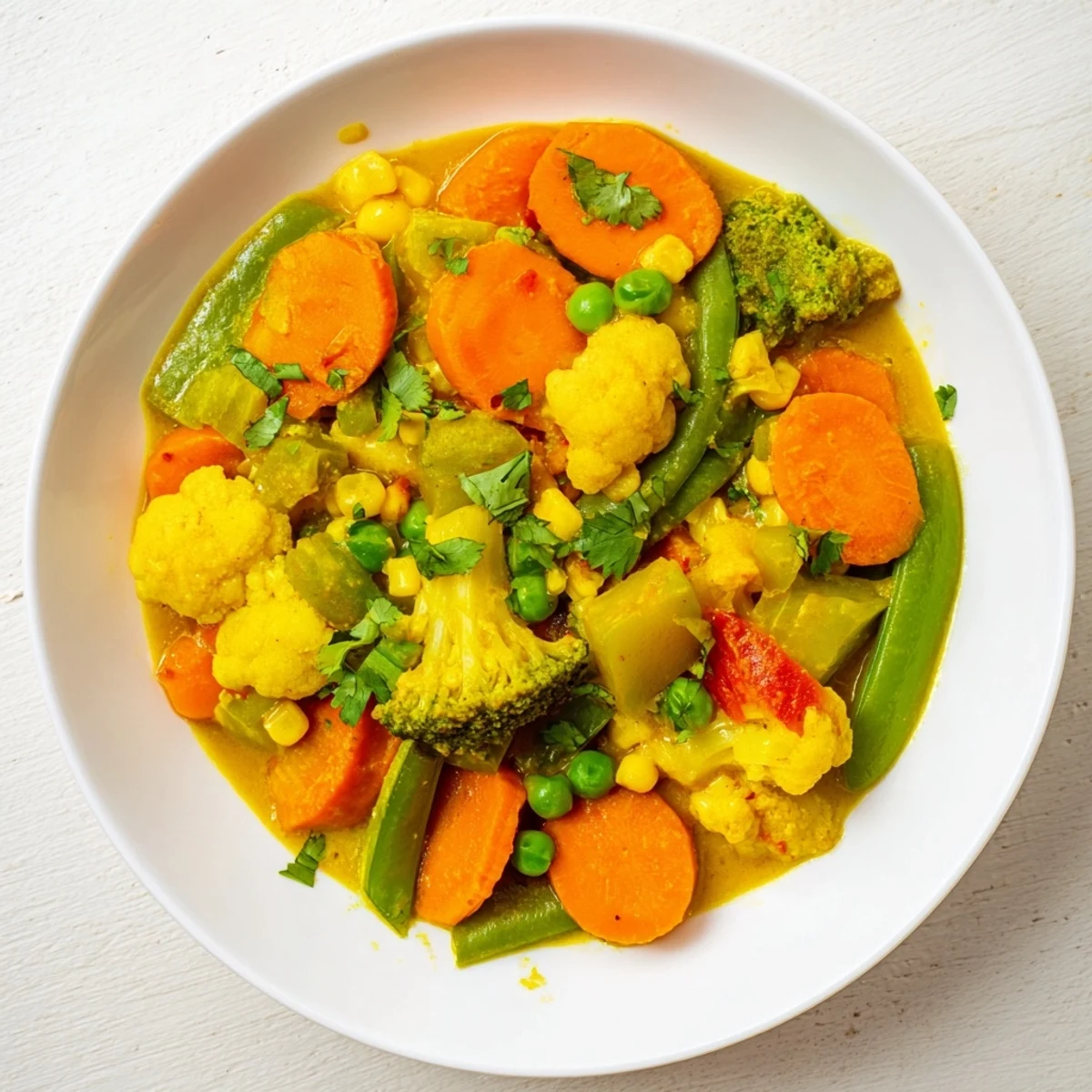 A flavorful veggie coconut curry with tender vegetables simmering in a rich, spiced coconut milk base.
